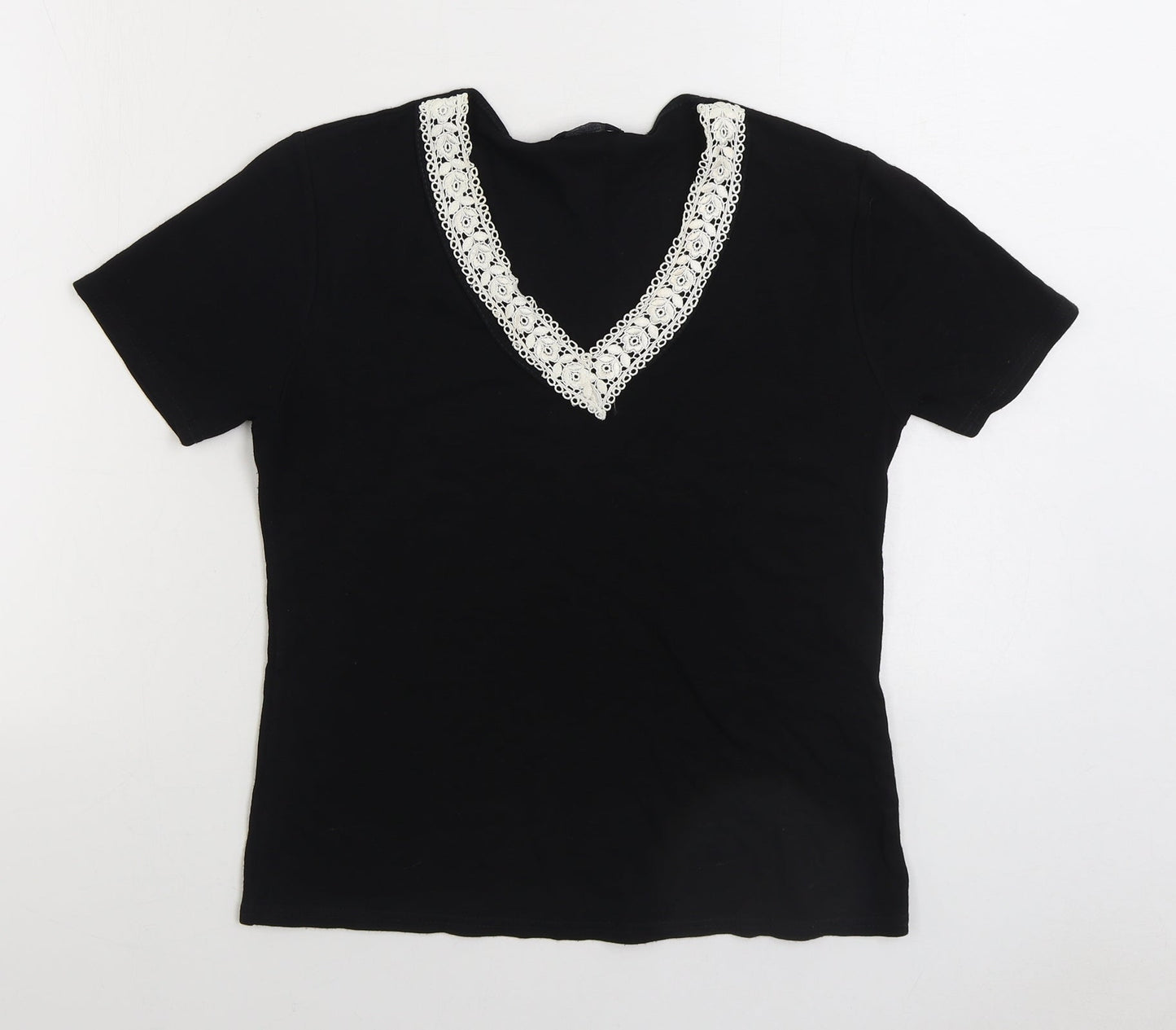 Soul Collection Womens Black Viscose Basic T-Shirt Size S V-Neck - Lace detail neckline
