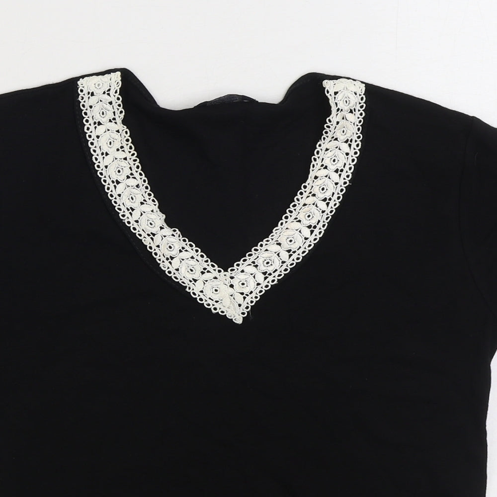 Soul Collection Womens Black Viscose Basic T-Shirt Size S V-Neck - Lace detail neckline