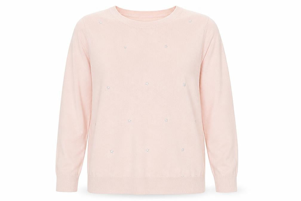 Preworn Womens Pink Round Neck Geometric Viscose Pullover Jumper Size 14 - Stars