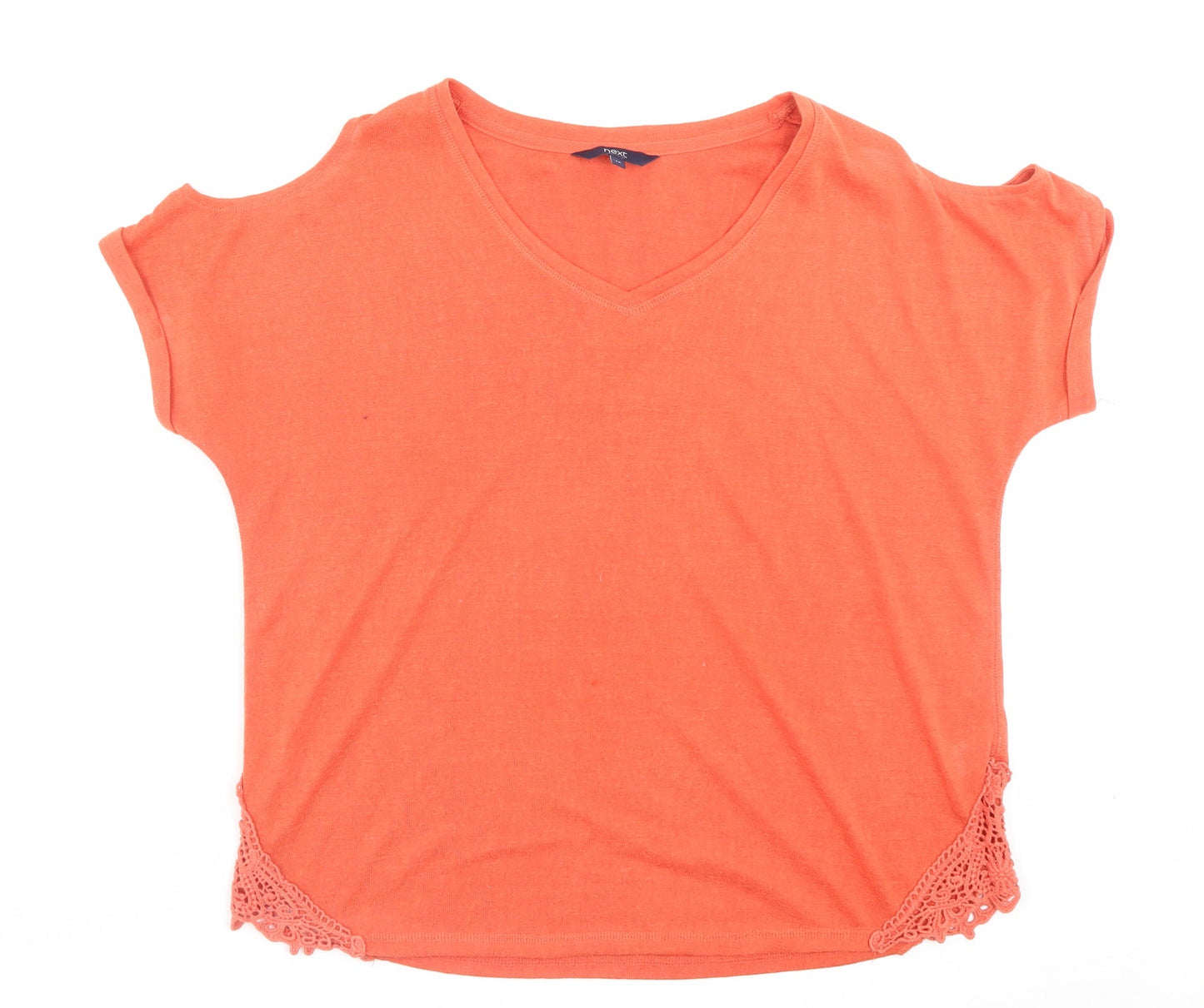 NEXT Womens Orange Polyester Basic T-Shirt Size 14 V-Neck - Cold Shoulder