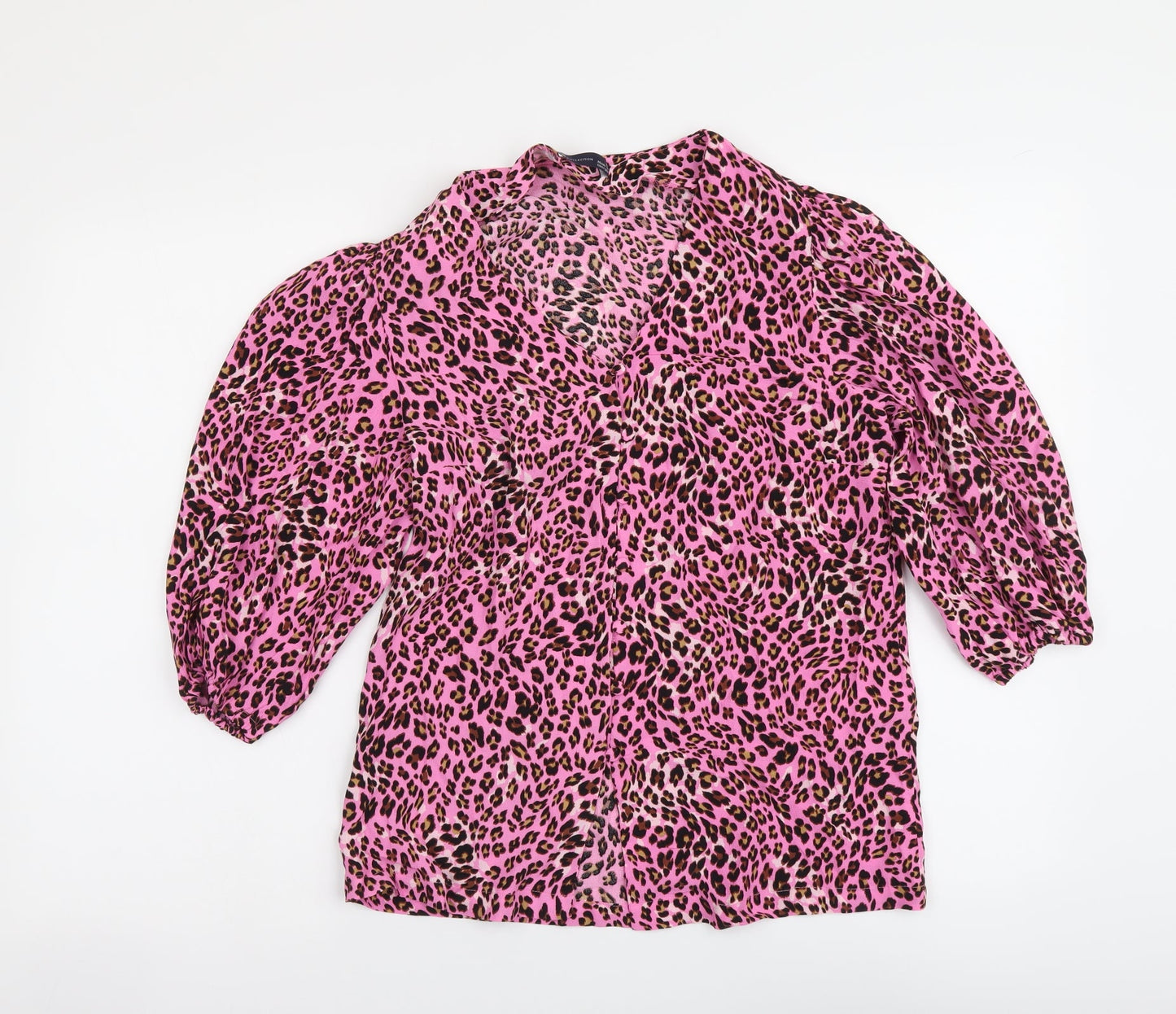 Marks and Spencer Womens Pink Animal Print Viscose Basic Button-Up Size 6 V-Neck - Leopard Skin Pattern