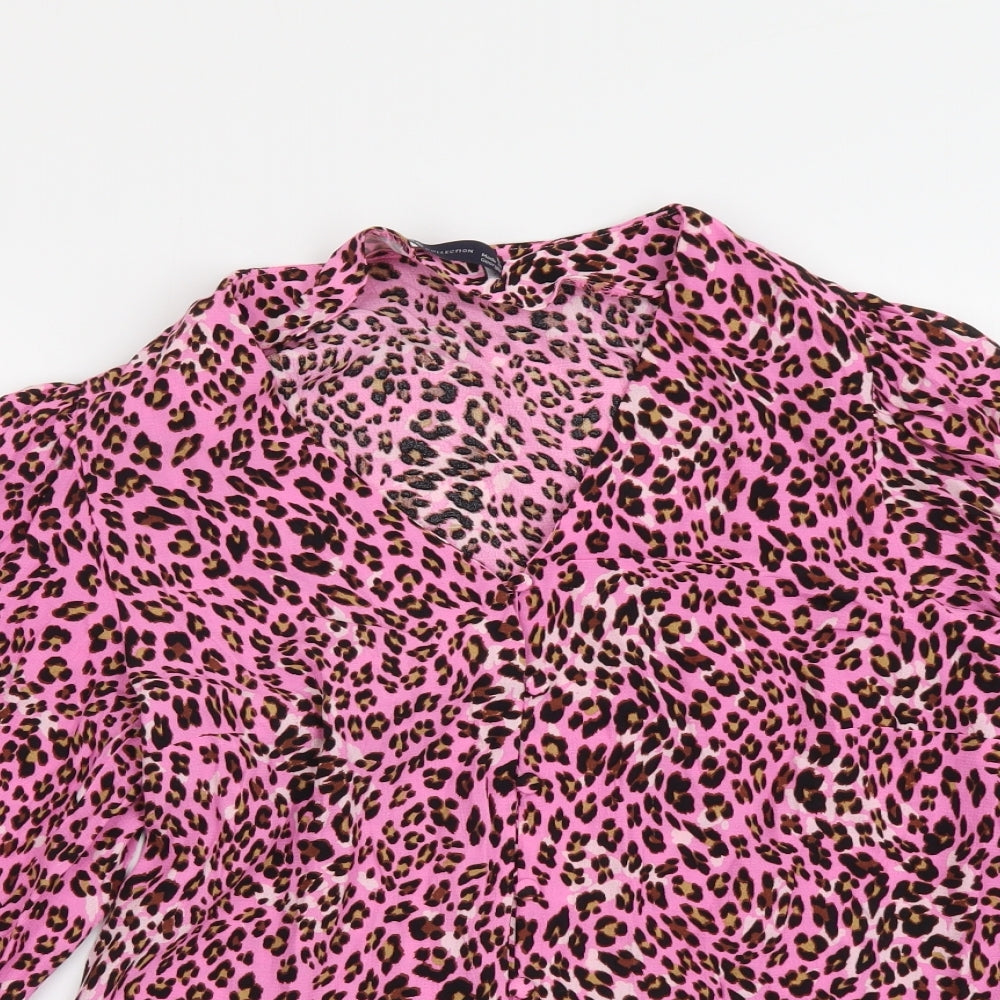 Marks and Spencer Womens Pink Animal Print Viscose Basic Button-Up Size 6 V-Neck - Leopard Skin Pattern