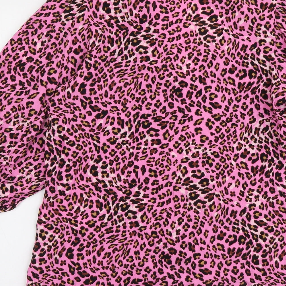 Marks and Spencer Womens Pink Animal Print Viscose Basic Button-Up Size 6 V-Neck - Leopard Skin Pattern