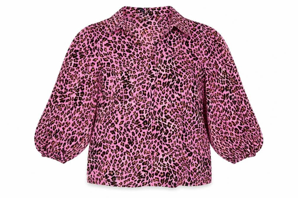 Marks and Spencer Womens Pink Animal Print Viscose Basic Button-Up Size 8 V-Neck - Leopard pattern