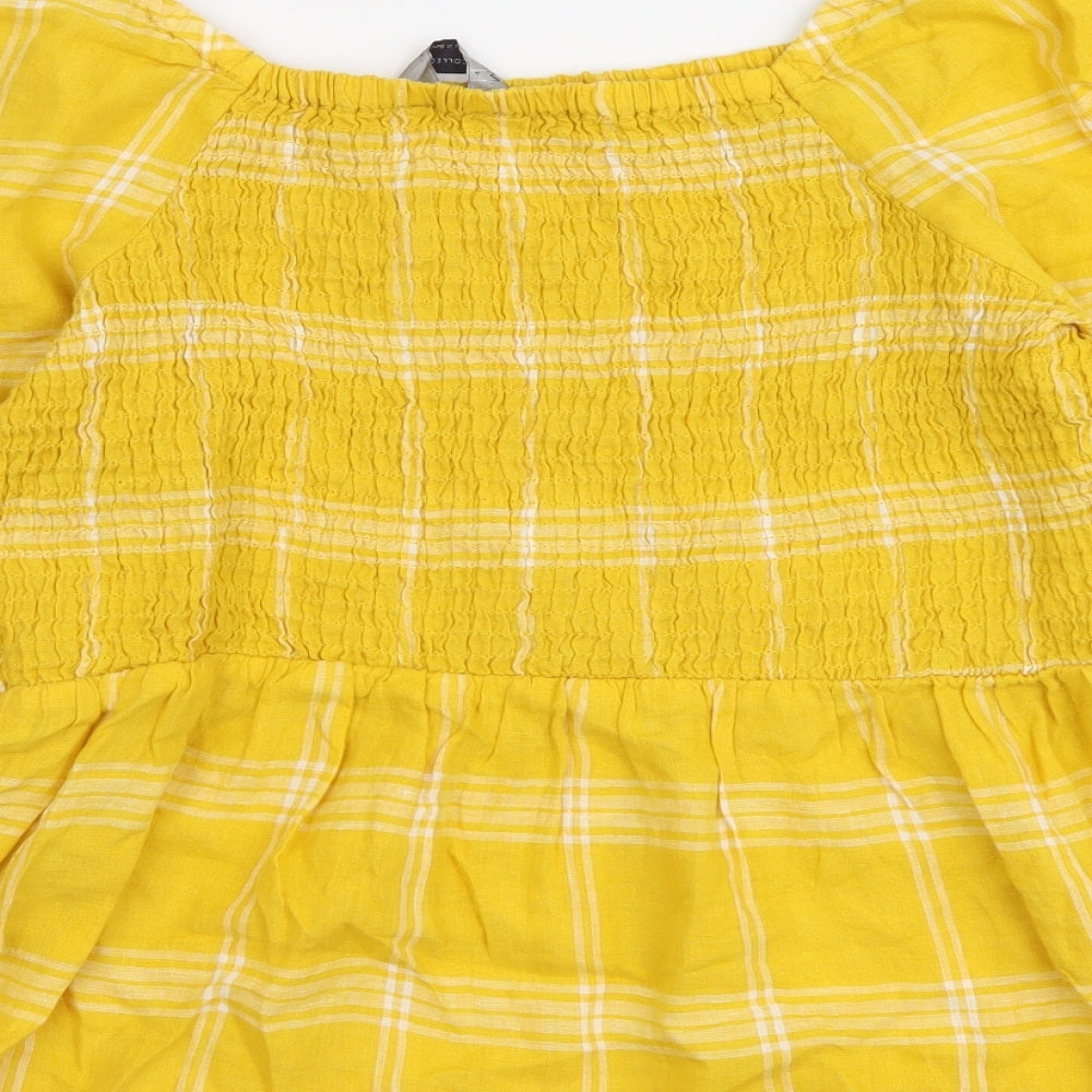 Marks and Spencer Womens Yellow Plaid Linen Basic Size 14 Square Neck