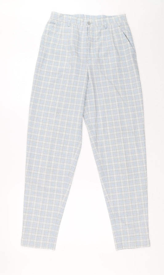Preworn Womens Blue Plaid Polyester Trousers Size 12 L29 in Extra-Slim Zip