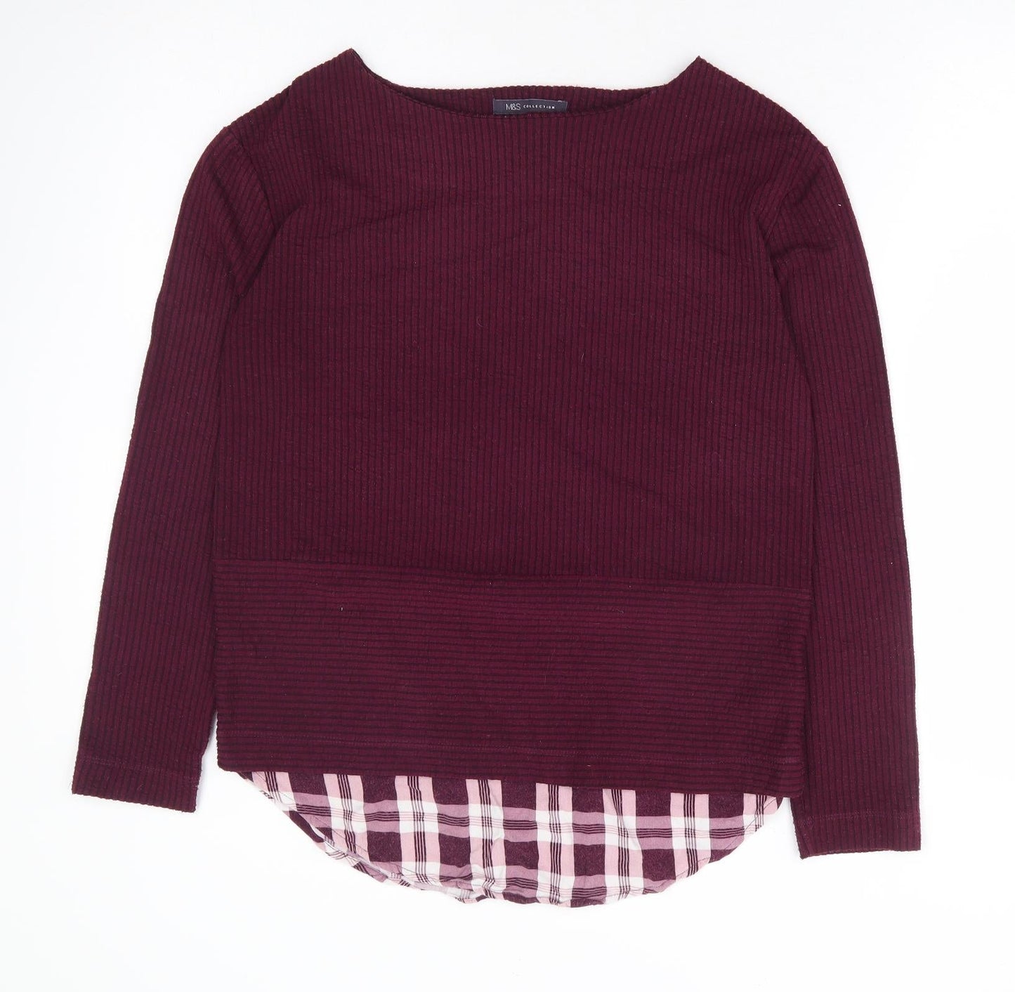 Marks and Spencer Womens Purple Plaid Polyester Basic Blouse Size 8 Boat Neck