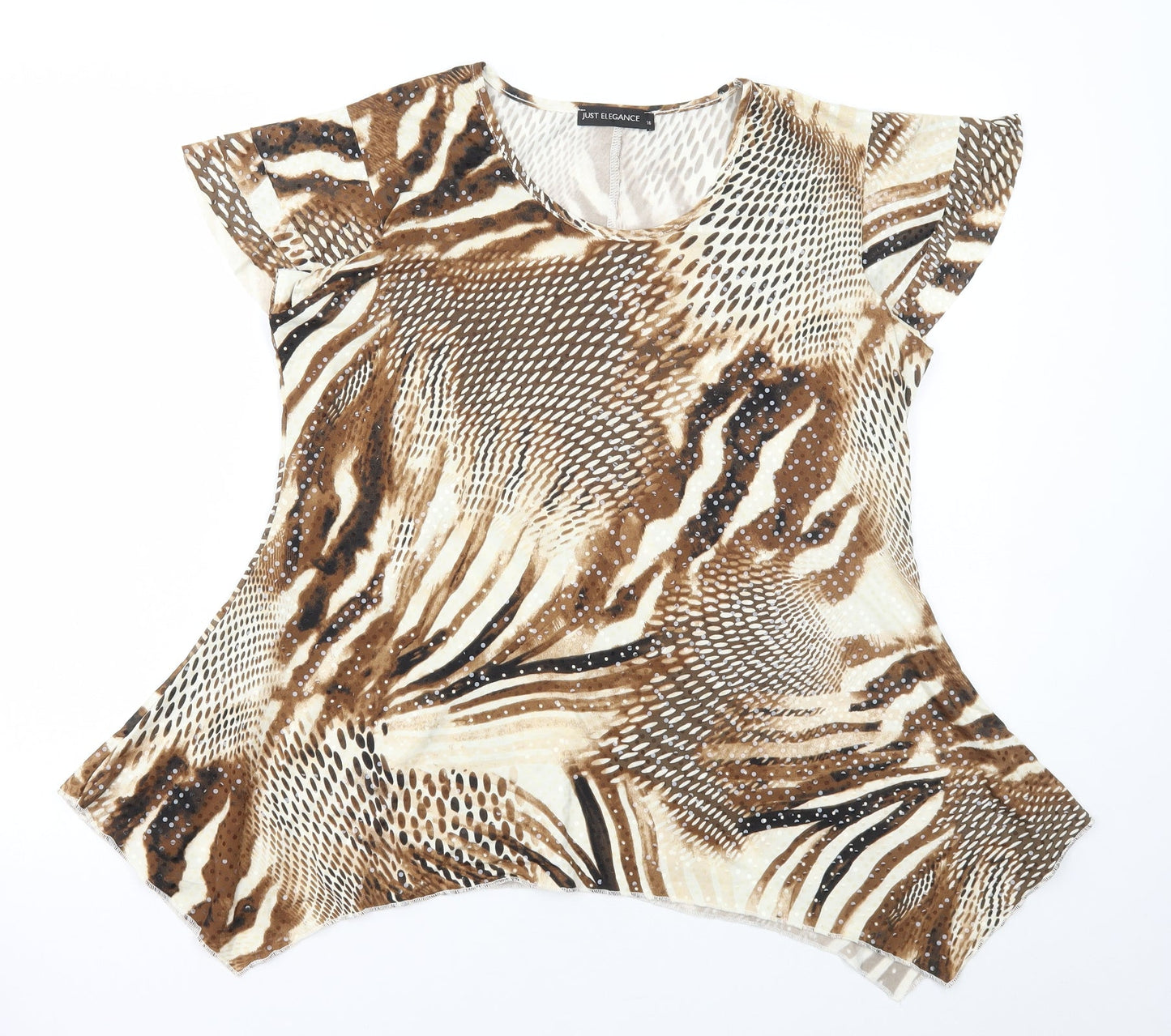 Just Elegance Womens Brown Animal Print Polyester Basic T-Shirt Size 16 Round Neck - Asymmetric