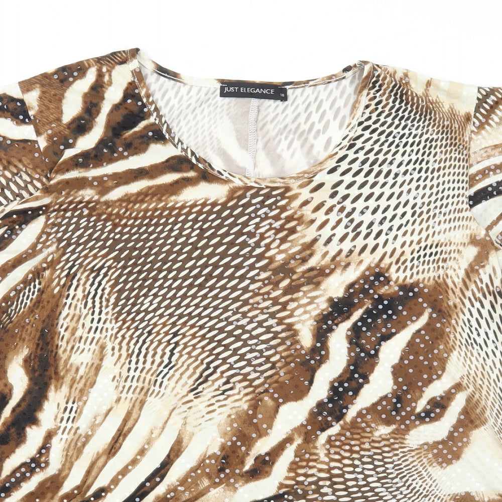 Just Elegance Womens Brown Animal Print Polyester Basic T-Shirt Size 16 Round Neck - Asymmetric