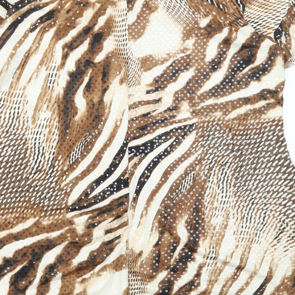 Just Elegance Womens Brown Animal Print Polyester Basic T-Shirt Size 16 Round Neck - Asymmetric