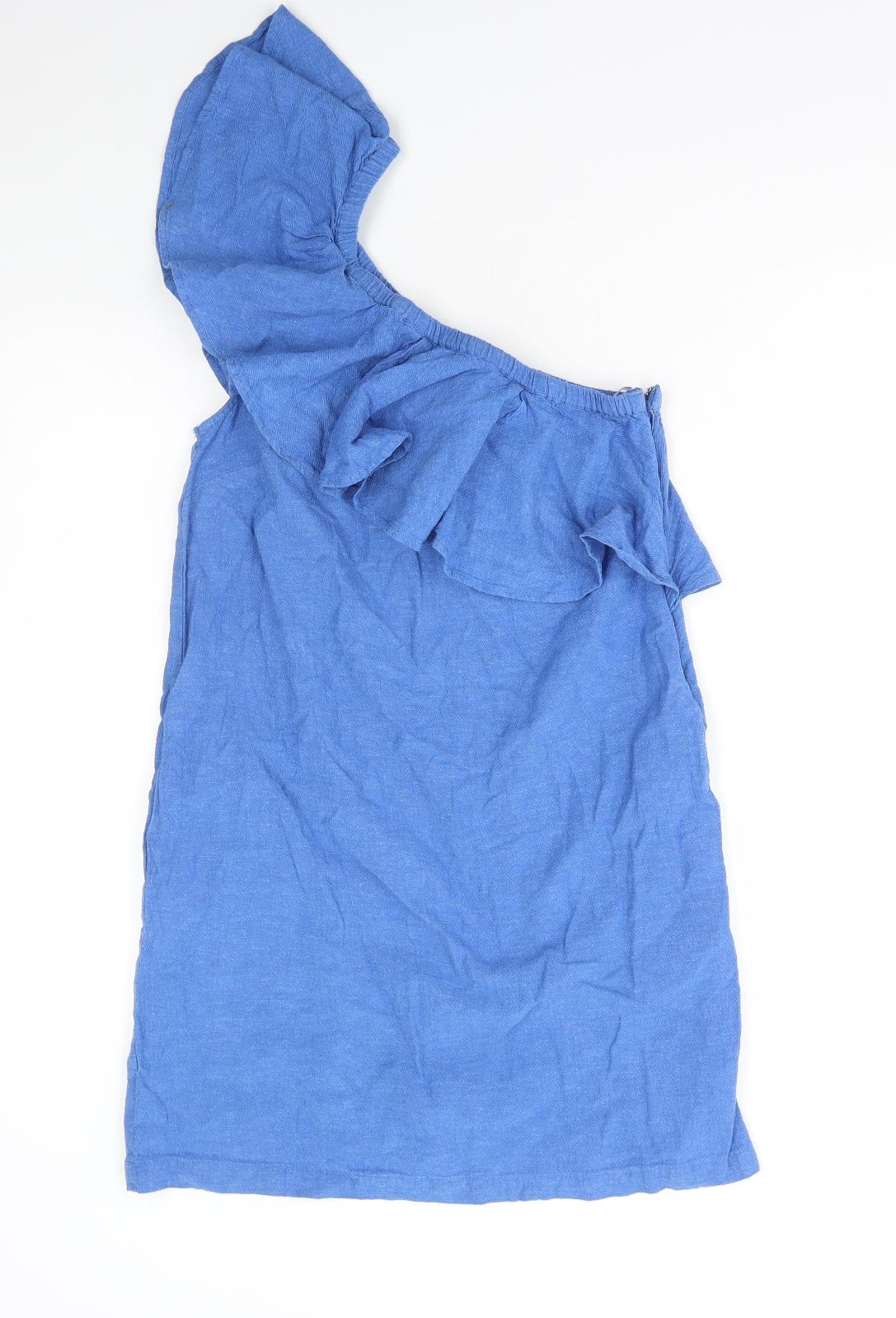 Warehouse Womens Blue Cotton A-Line Size 12 One Shoulder Zip