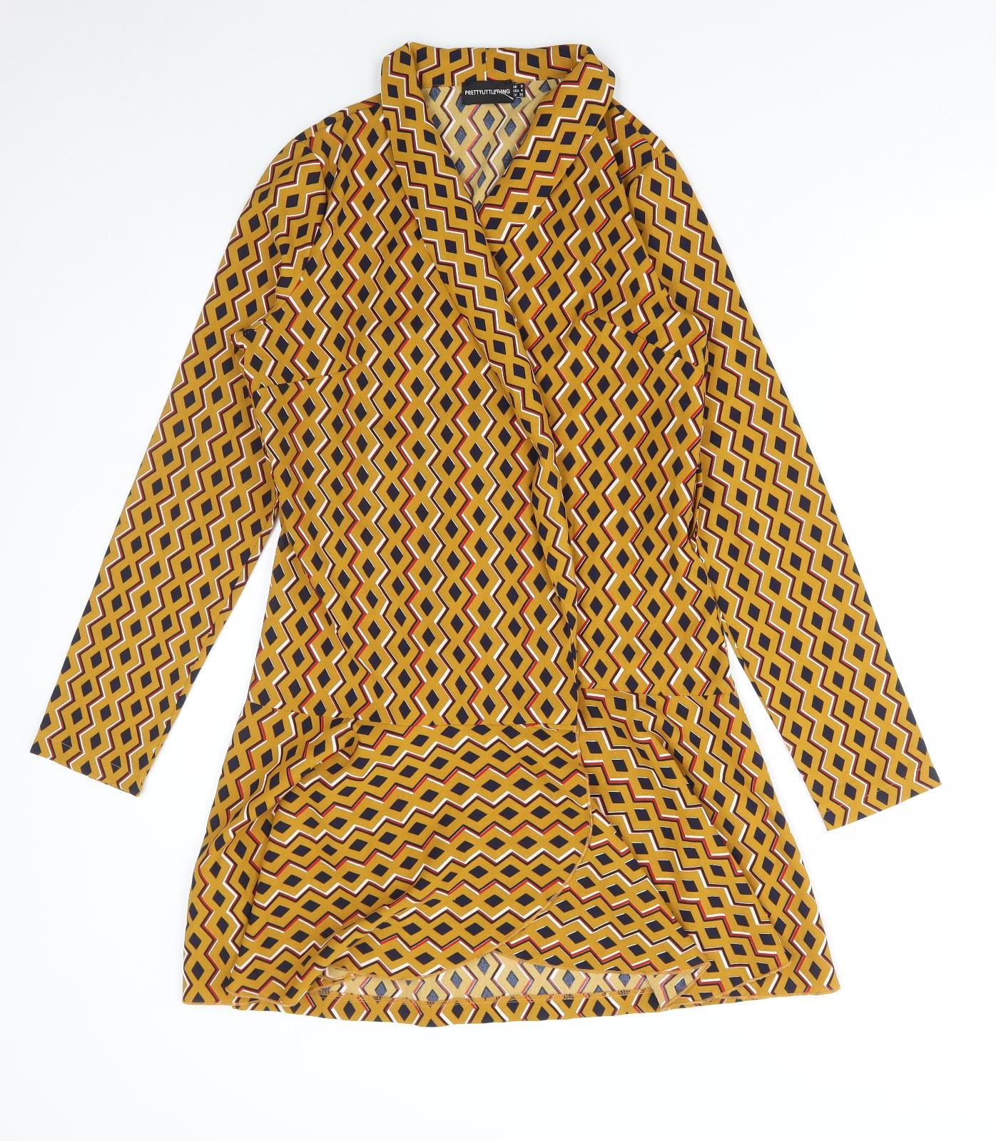 PRETTYLITTLETHING Womens Yellow Geometric Jacket Size 8 Tie