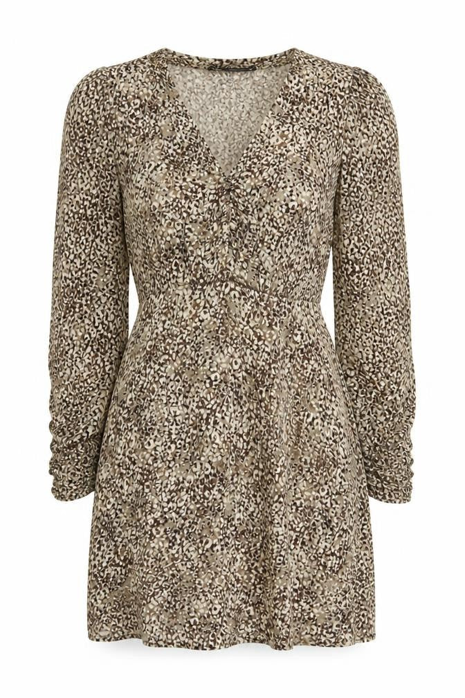 Zara Womens Brown Animal Print Viscose Fit & Flare Size S V-Neck Button - Shoulder Pads