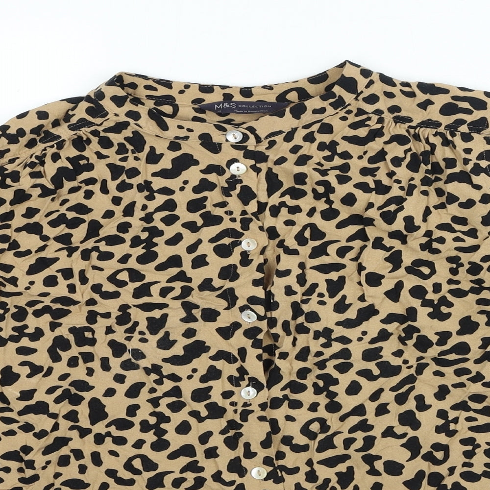 Marks and Spencer Womens Brown Animal Print Viscose Basic Button-Up Size 12 Round Neck