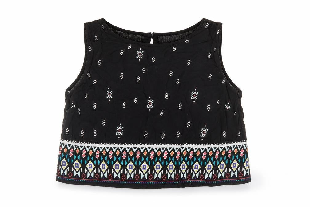 H&M Womens Black Geometric Viscose Cropped Blouse Size 12 Round Neck