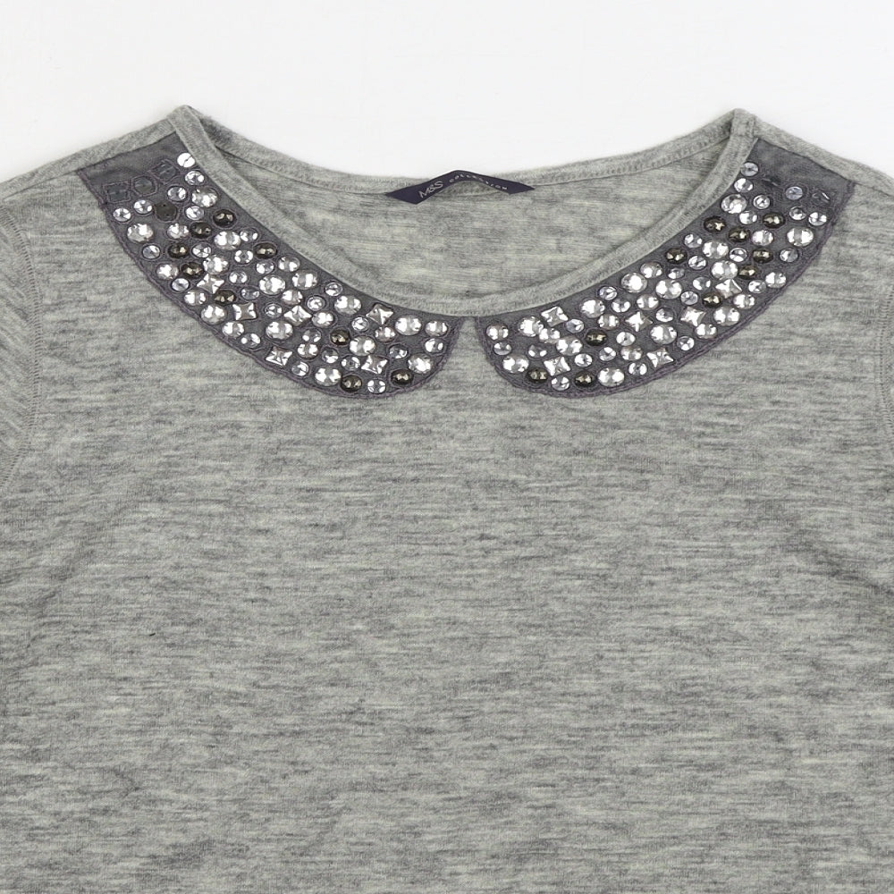 Marks and Spencer Womens Grey Acrylic Basic T-Shirt Size 10 Boat Neck