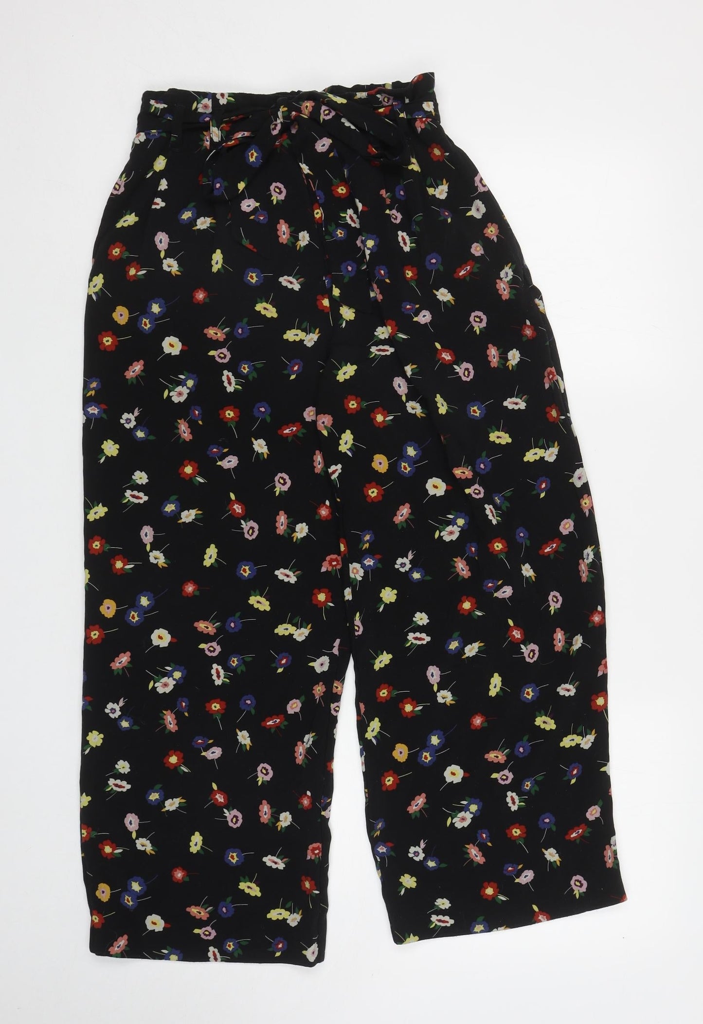 Zara Womens Black Floral Polyester Bloomer Trousers Size S L24.5 in Regular Tie