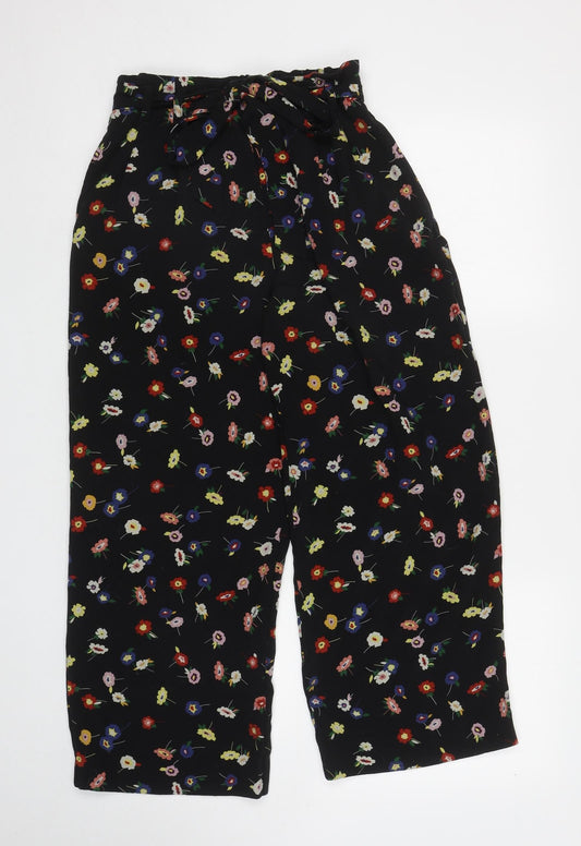 Zara Womens Black Floral Polyester Bloomer Trousers Size S L24.5 in Regular Tie