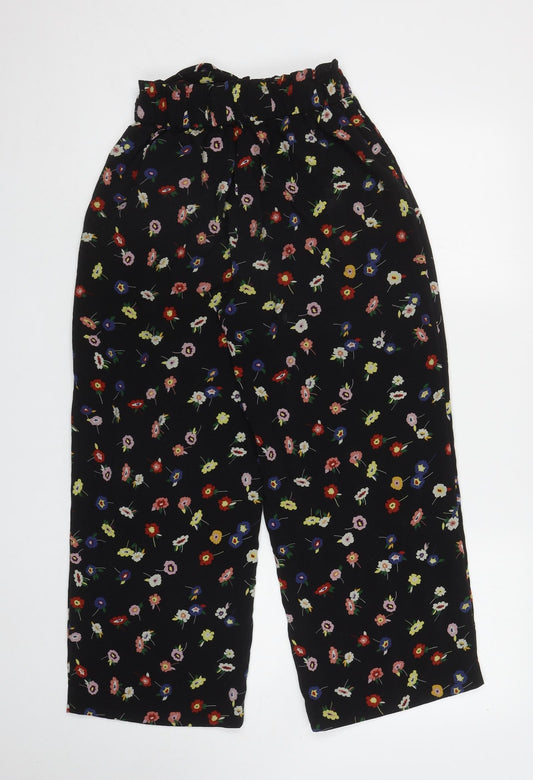 Zara Womens Black Floral Polyester Bloomer Trousers Size S L24.5 in Regular Tie