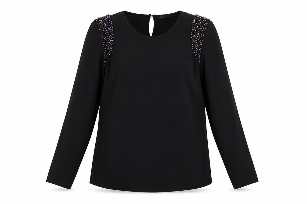 Marks and Spencer Womens Black Polyester Basic Blouse Size M Round Neck - Embellished Shoulders