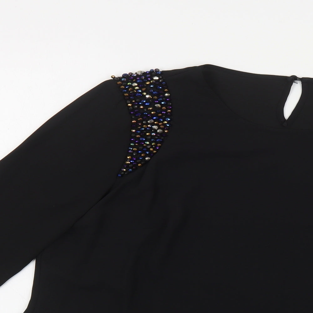 Marks and Spencer Womens Black Polyester Basic Blouse Size M Round Neck - Embellished Shoulders