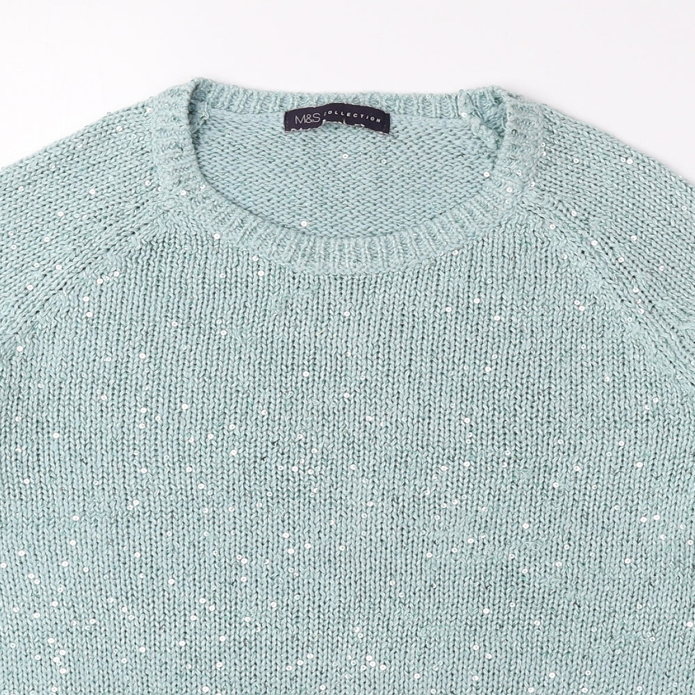 Marks and Spencer Womens Green Round Neck Cotton Pullover Jumper Size 10