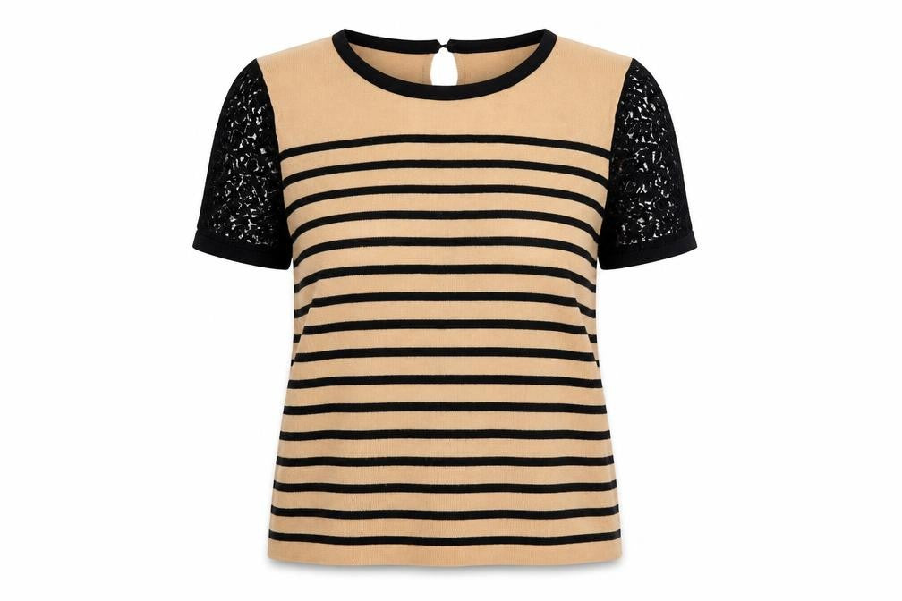 Marks and Spencer Womens Brown Round Neck Striped Viscose Pullover Jumper Size 16 - Lace sleeve detail