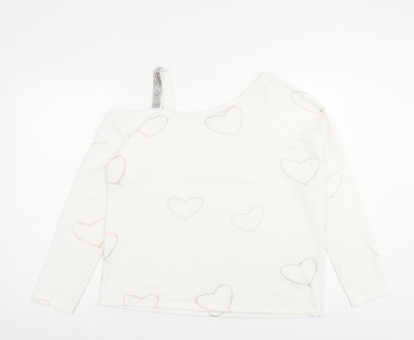 Sheilay Womens White Geometric Polyester Basic T-Shirt Size M One Shoulder - Heart Pattern