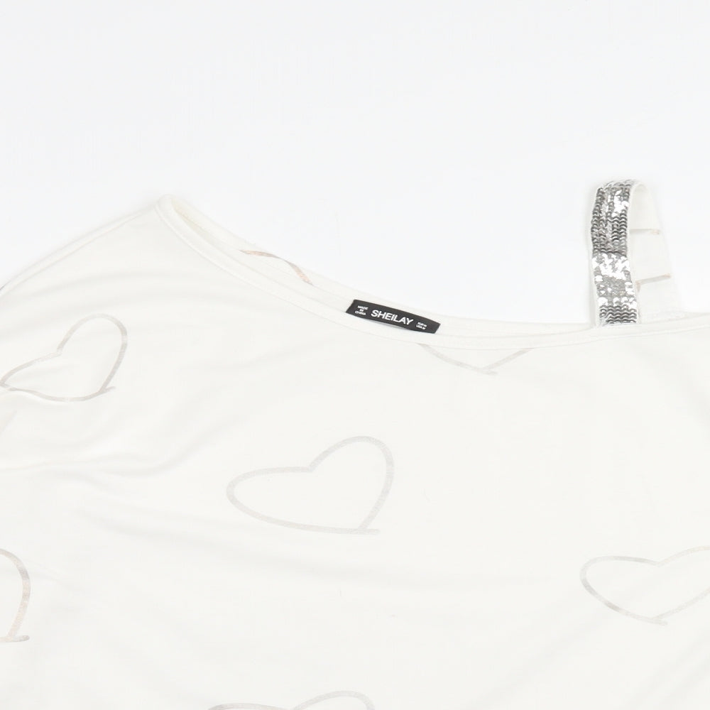 Sheilay Womens White Geometric Polyester Basic T-Shirt Size M One Shoulder - Heart Pattern