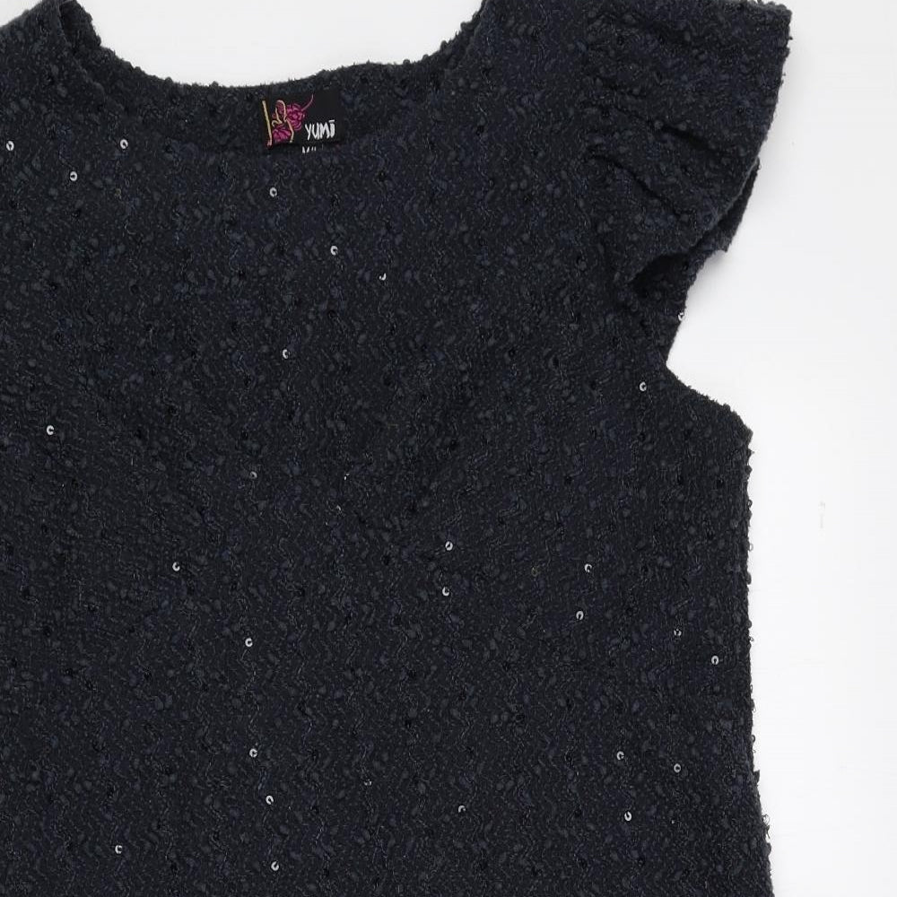 Yumi Womens Blue Acrylic A-Line Size M Round Neck Pullover
