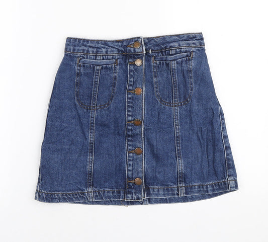 Topshop Womens Blue Cotton A-Line Skirt Size 26 in Button