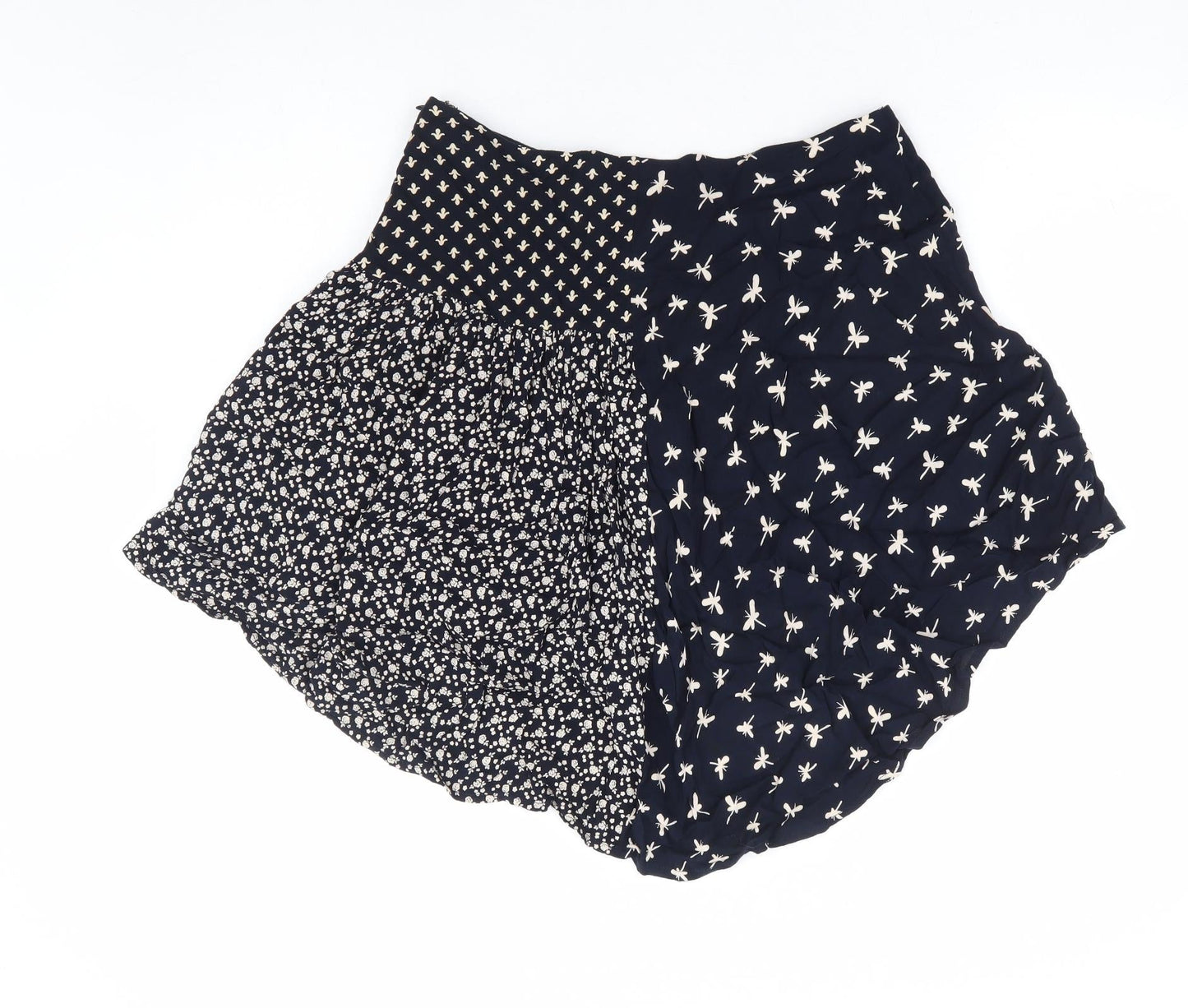 Louche Womens Blue Geometric Viscose Flare Skirt Size 10 Zip - Dragonfly Print Hi Lo