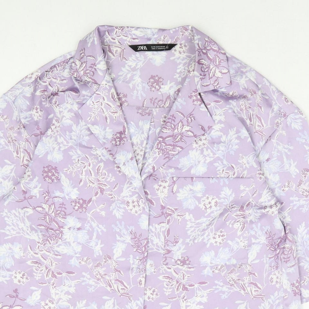 Zara Womens Purple Floral Polyester Basic Button-Up Size S Collared