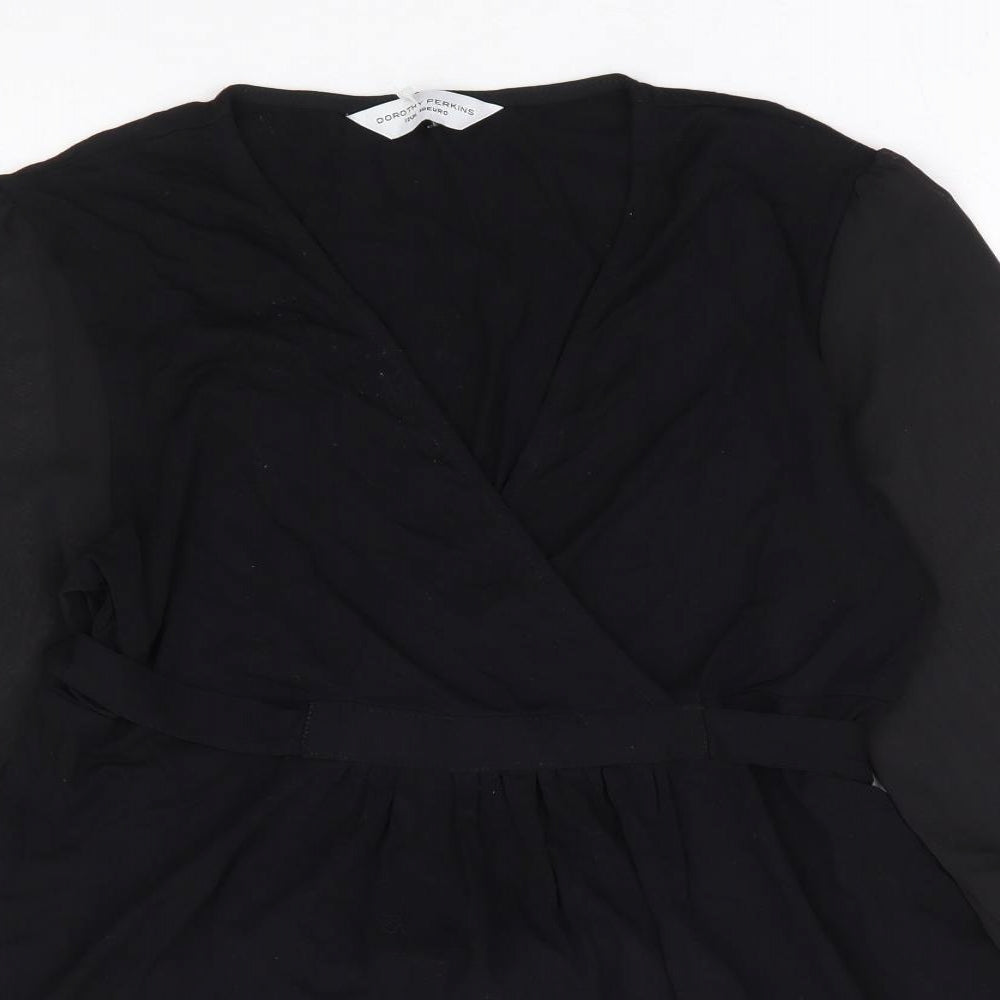 Dorothy Perkins Womens Black Viscose Basic Blouse Size 12 V-Neck - Chiffon Sleeve