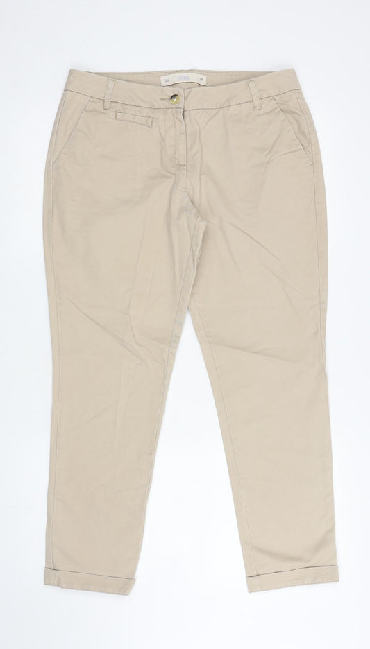 NEXT Womens Beige Cotton Chino Trousers Size 12 L27 in Regular Zip