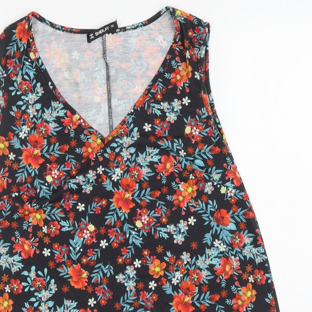 Sheilay Womens Black Floral Polyester Basic Tank Size L V-Neck