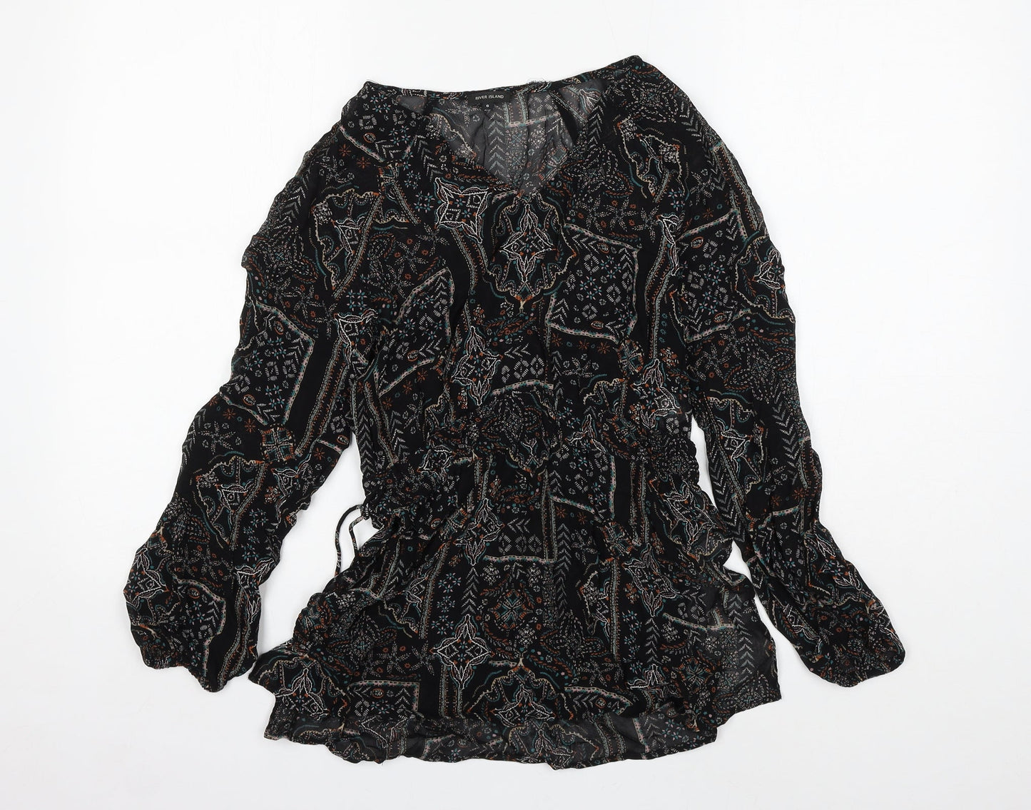 River Island Womens Black Geometric Viscose Basic Blouse Size 6 V-Neck