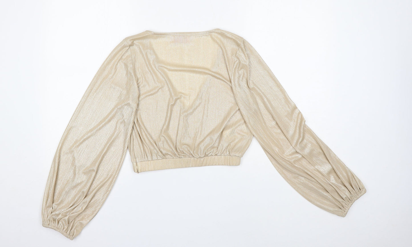 Club London Womens Gold Polyester Cropped Blouse Size 12 V-Neck