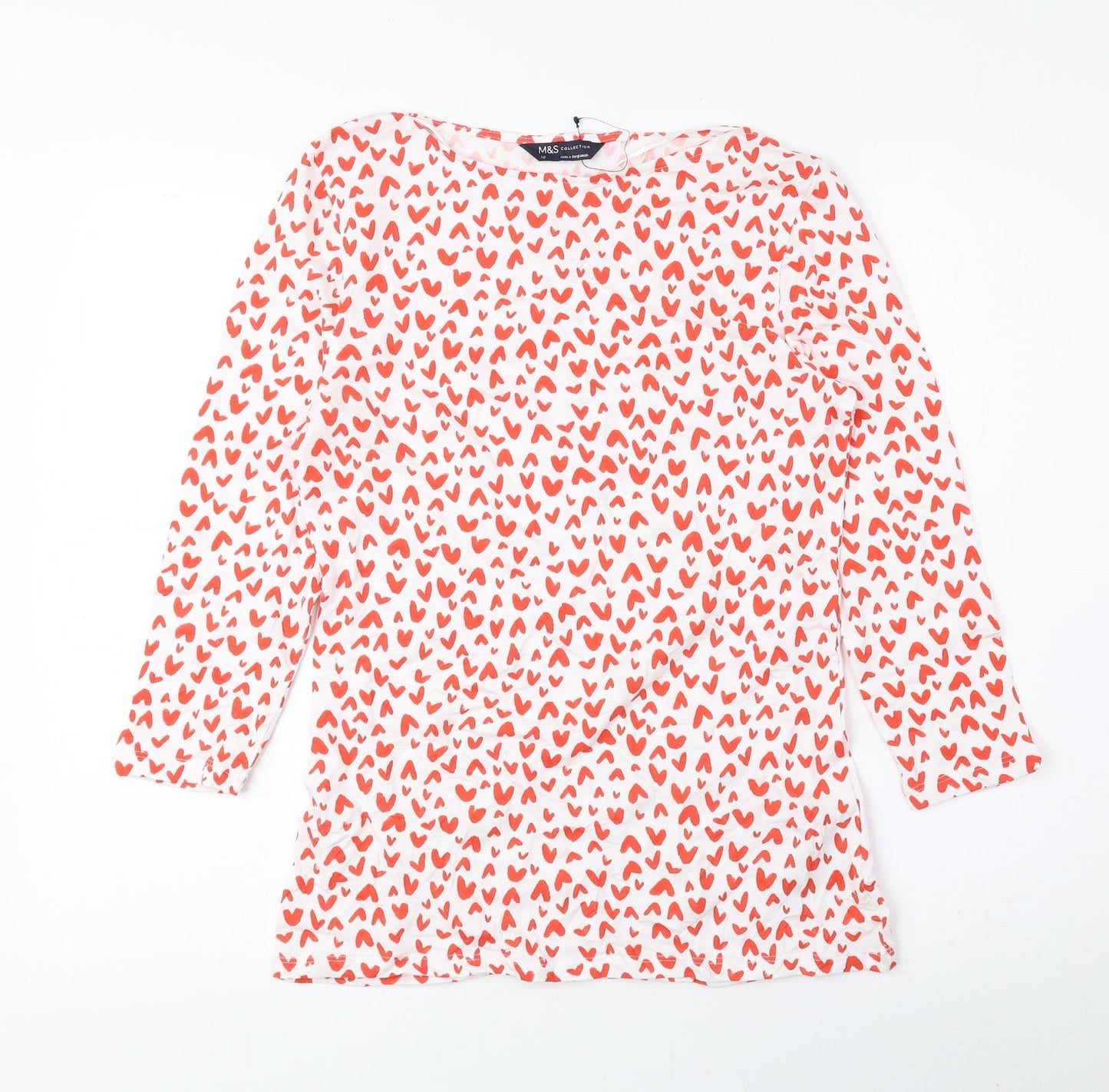 Marks and Spencer Womens Red Geometric Cotton Basic Blouse Size 10 Boat Neck