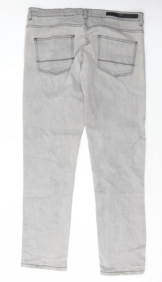 Redtag Mens Grey Cotton Straight Jeans Size 34 in L32 in Regular Button