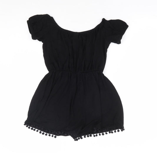 ASOS Womens Black Polyester Playsuit One-Piece Size 8 Pullover - Pom Pom Trim