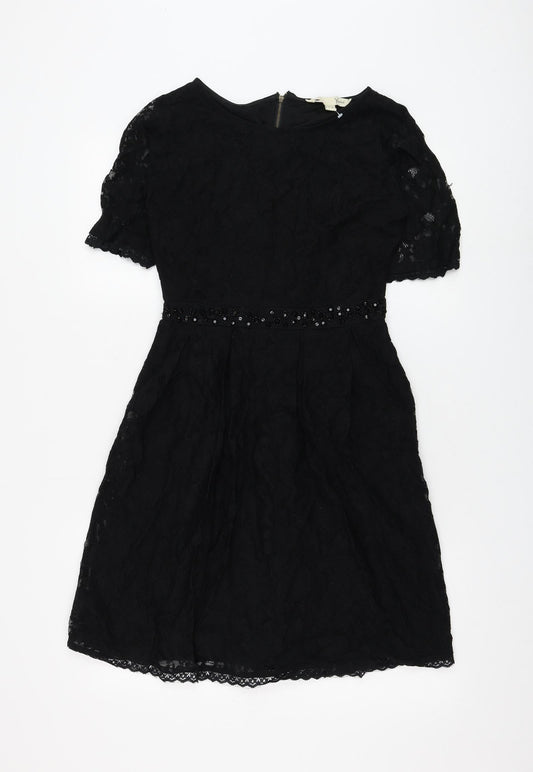 Yumi Womens Black Floral Nylon Shift Size 10 Round Neck Zip