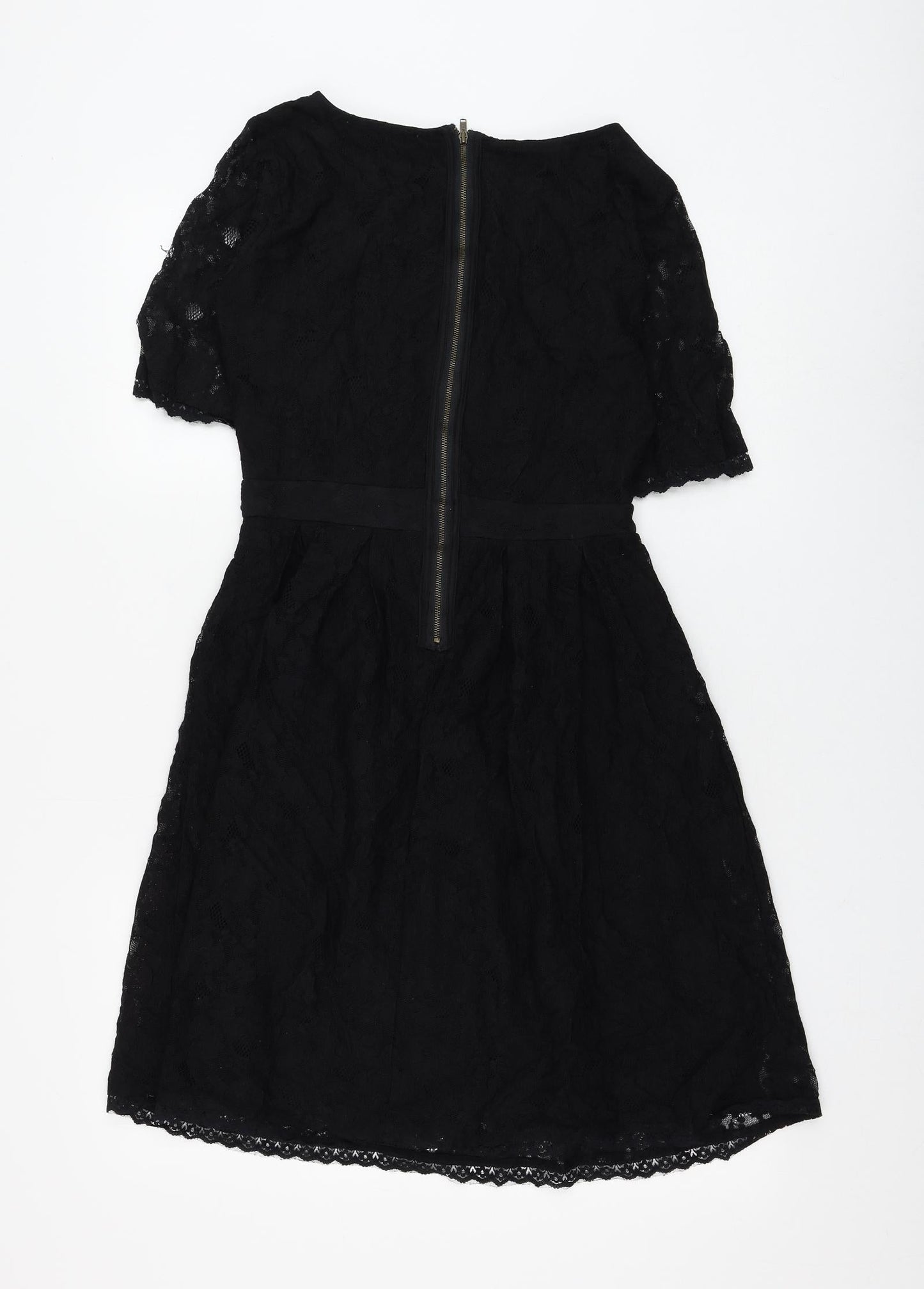 Yumi Womens Black Floral Nylon Shift Size 10 Round Neck Zip