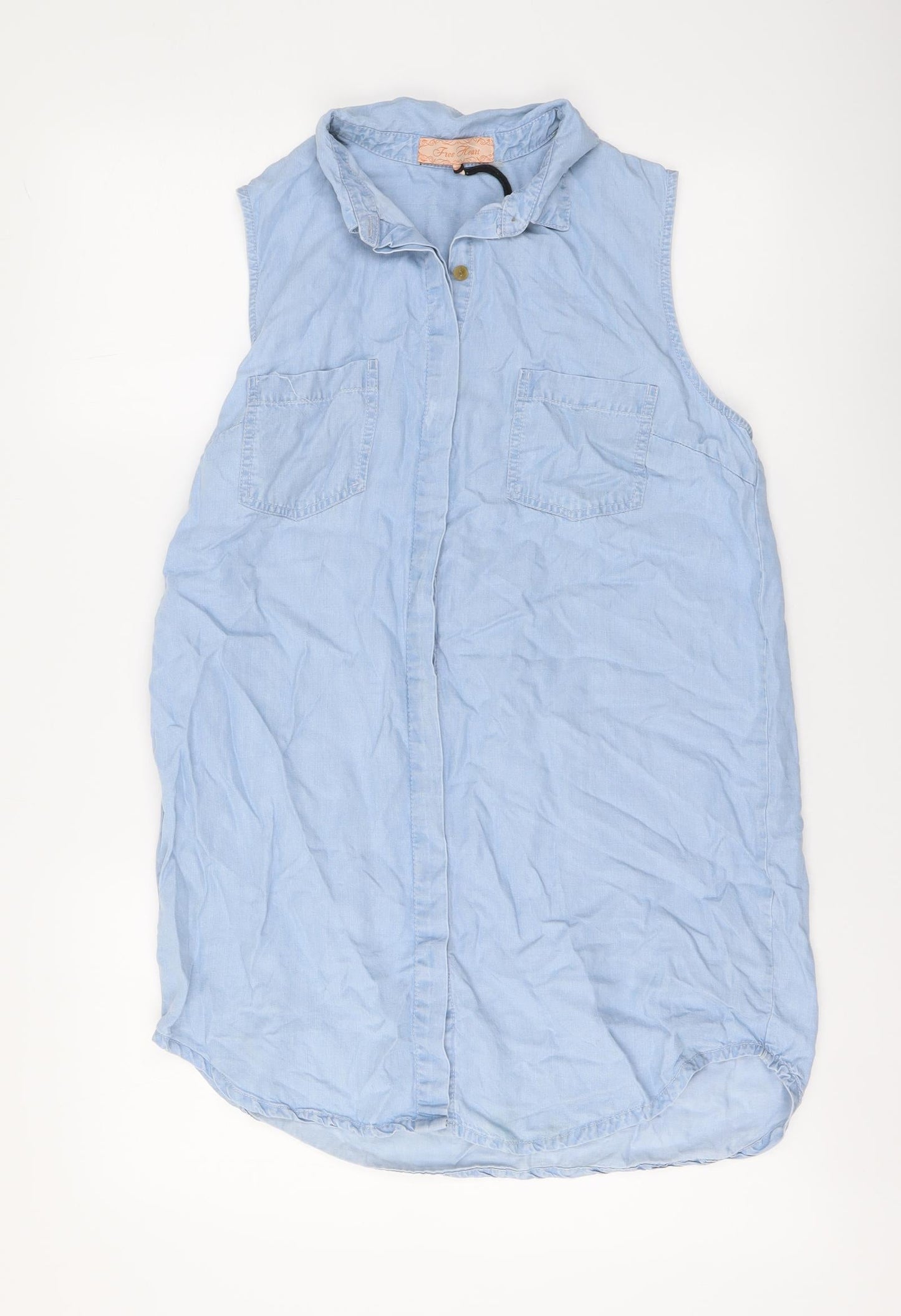Free Heart Womens Blue Cotton Basic Button-Up Size S Collared