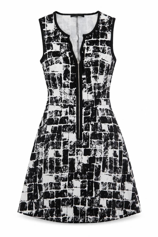 Fashion Union Womens Black Geometric Cotton A-Line Size 10 V-Neck Zip