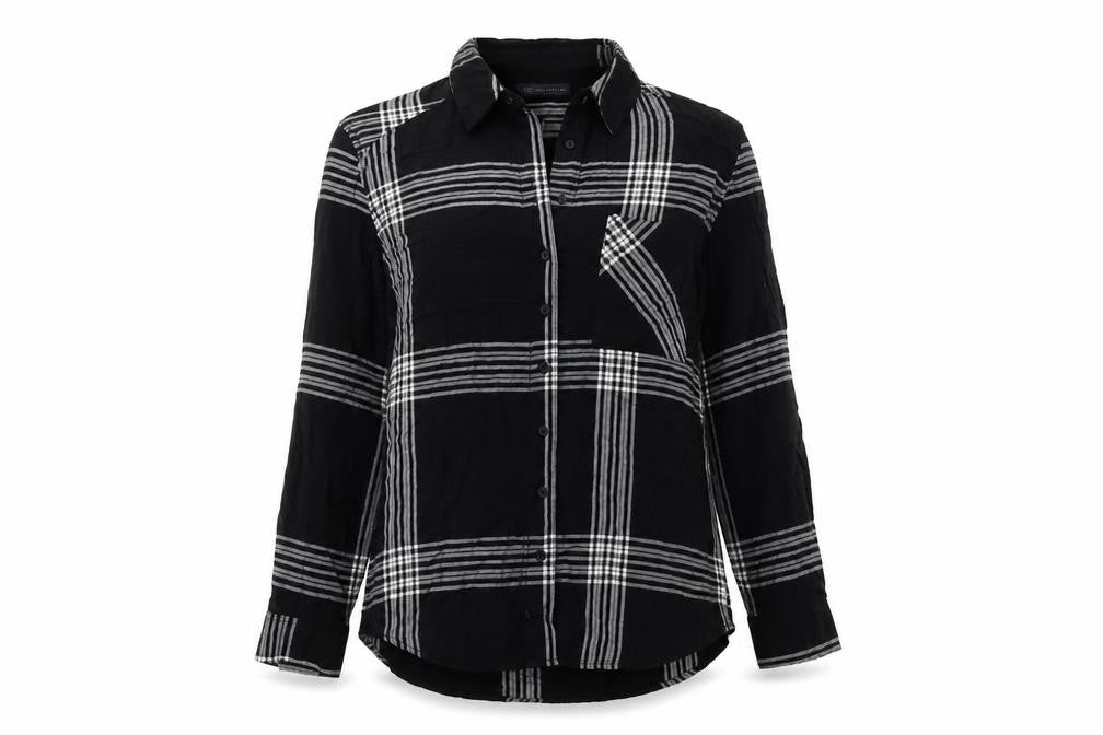 Marks and Spencer Womens Black Plaid Viscose Basic Button-Up Size 8 Collared