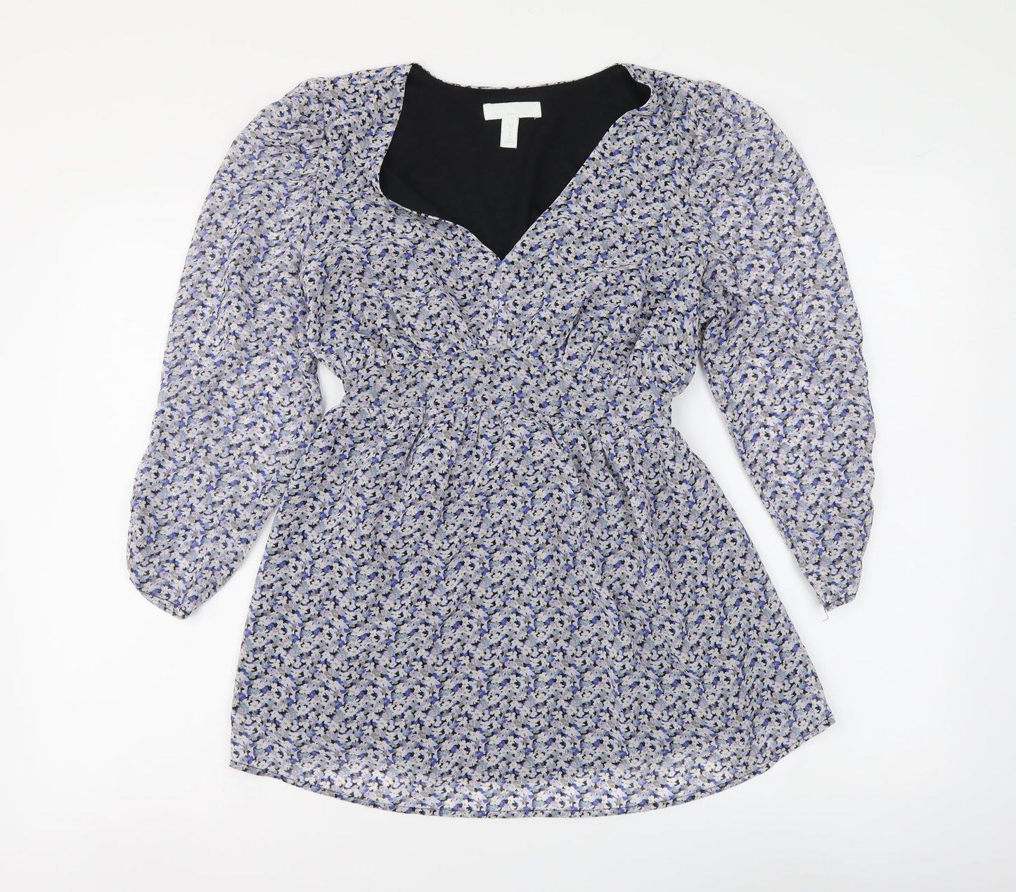 H&M Womens Blue Floral Polyester Basic Blouse Size S V-Neck