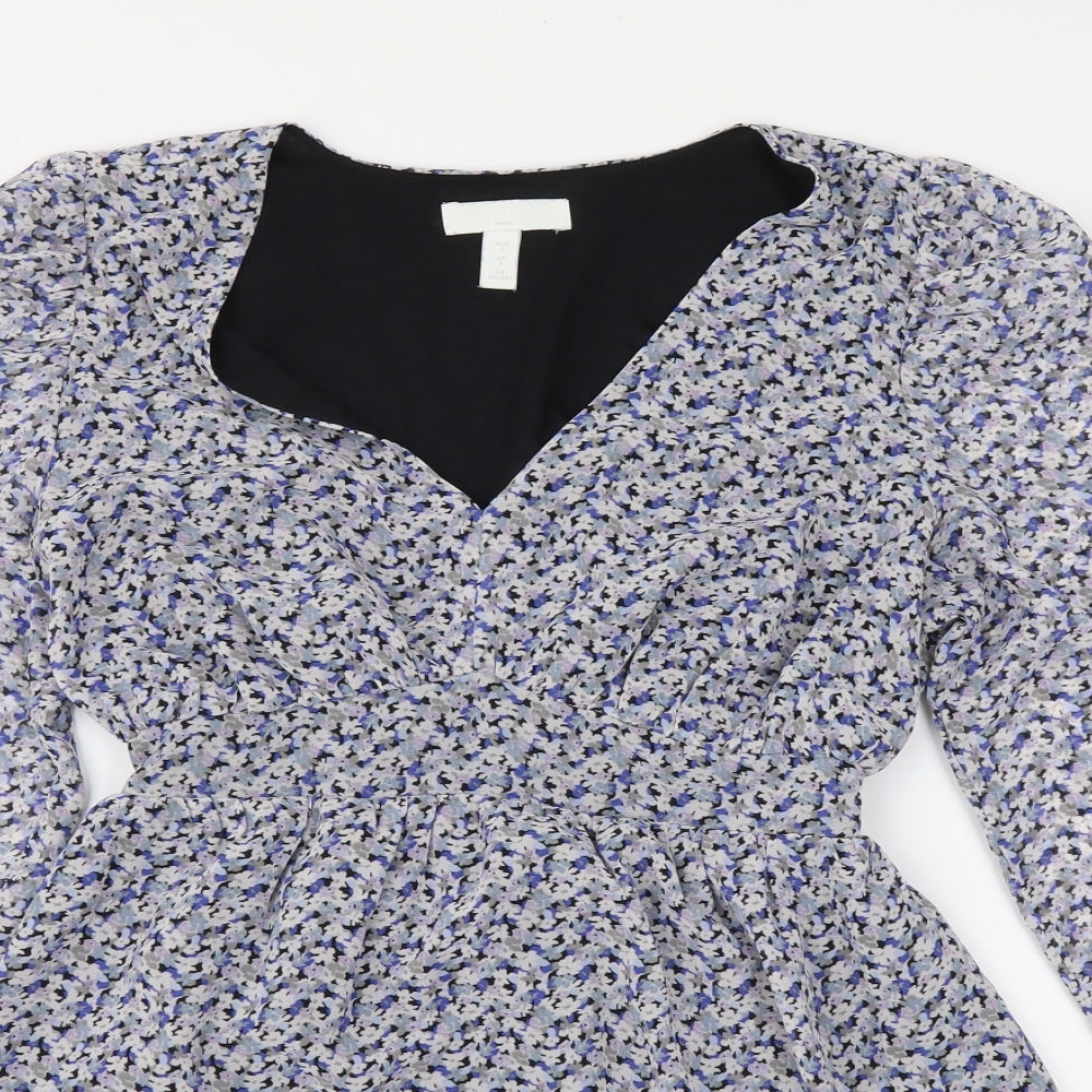 H&M Womens Blue Floral Polyester Basic Blouse Size S V-Neck