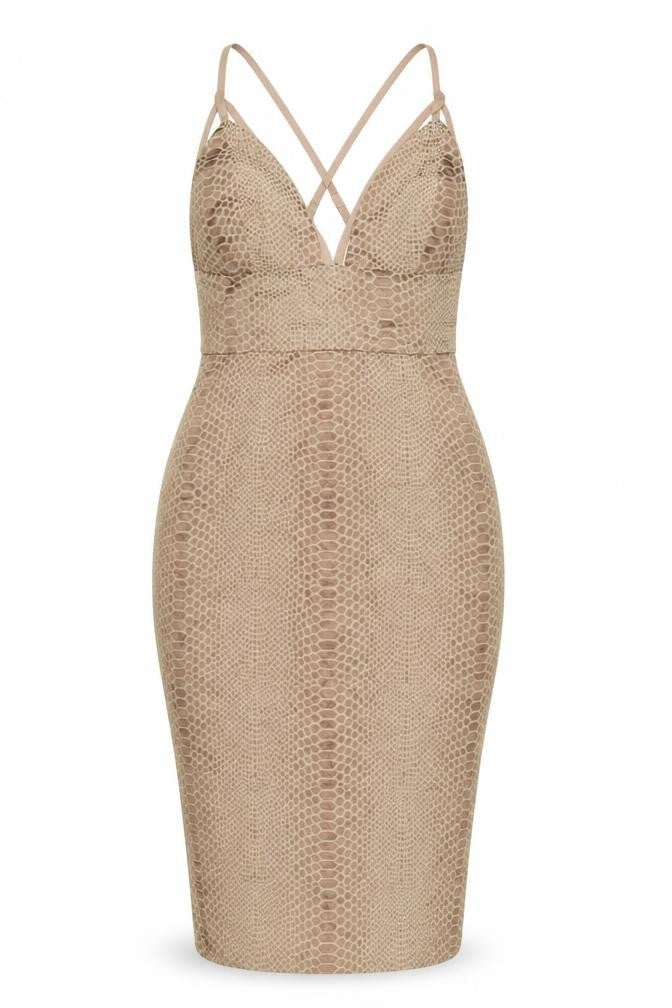 Missguided Womens Beige Animal Print Polyester Bodycon Size 8 V-Neck - Snake Skin Print