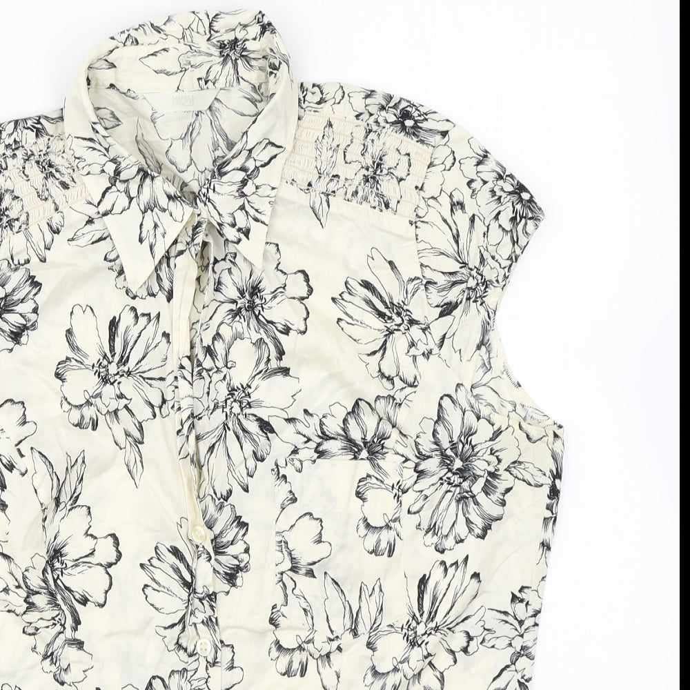 Marks and Spencer Womens Ivory Floral Cotton Basic Button-Up Size 14 Collared
